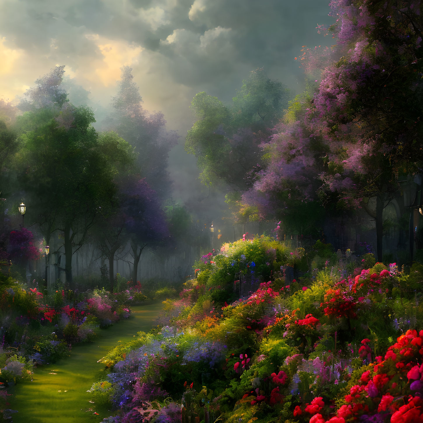 Vibrant flower garden path under purple tree canopy