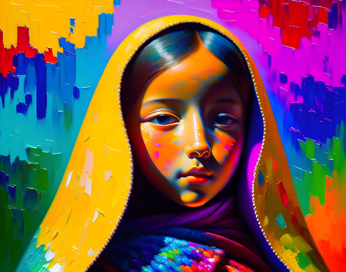 Vibrant portrait: girl in yellow headscarf on colorful abstract background