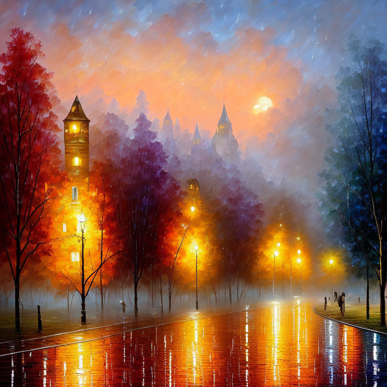 Rain-soaked street with colorful trees and castle-like buildings at dusk