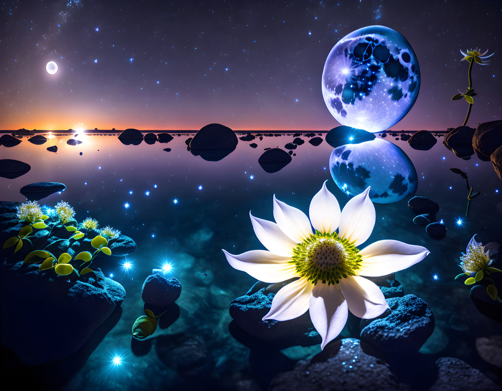 Fantasy nightscape with luminous flowers and celestial orbs reflecting on water.