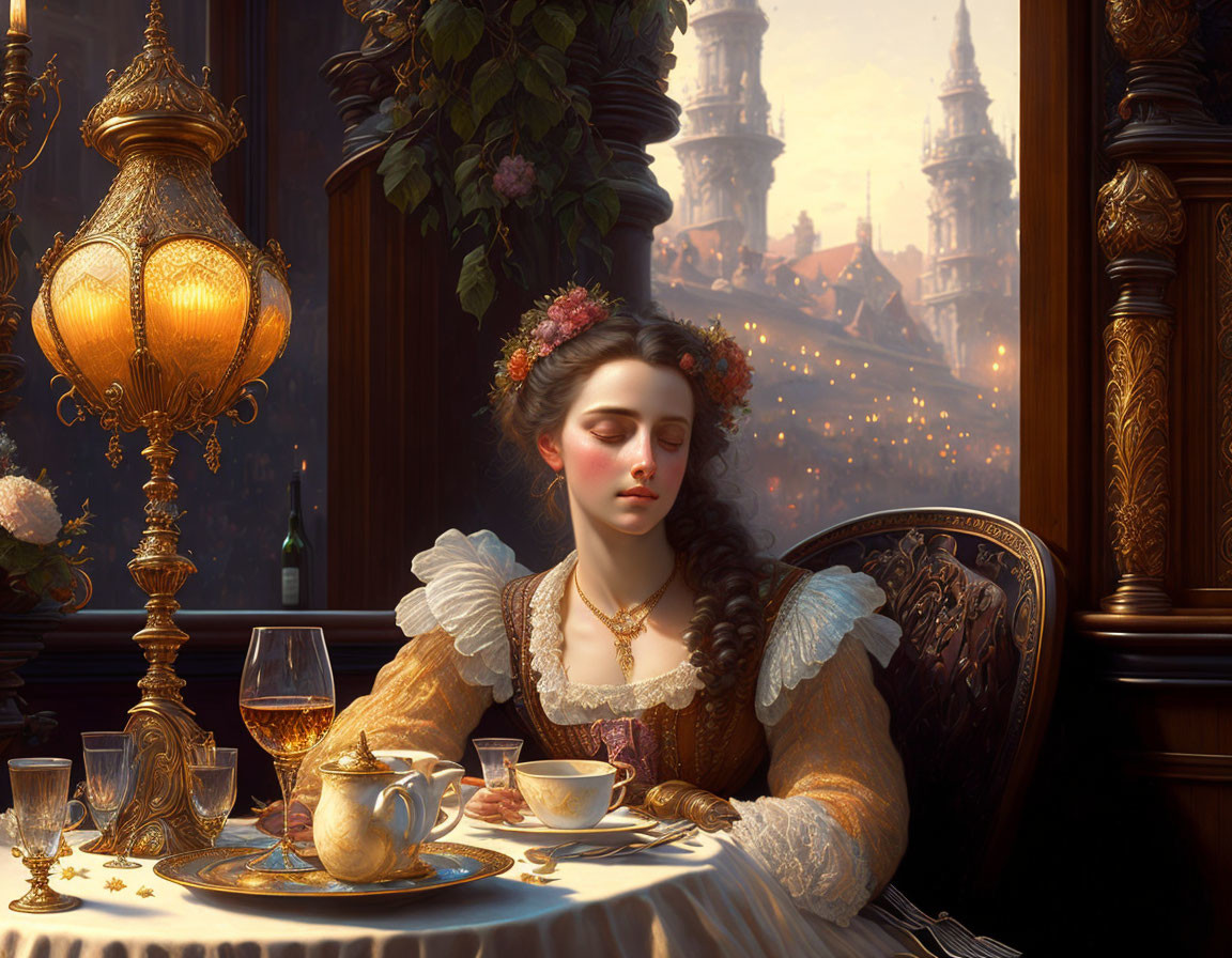 Renaissance woman with flower crown near tea set at dusk