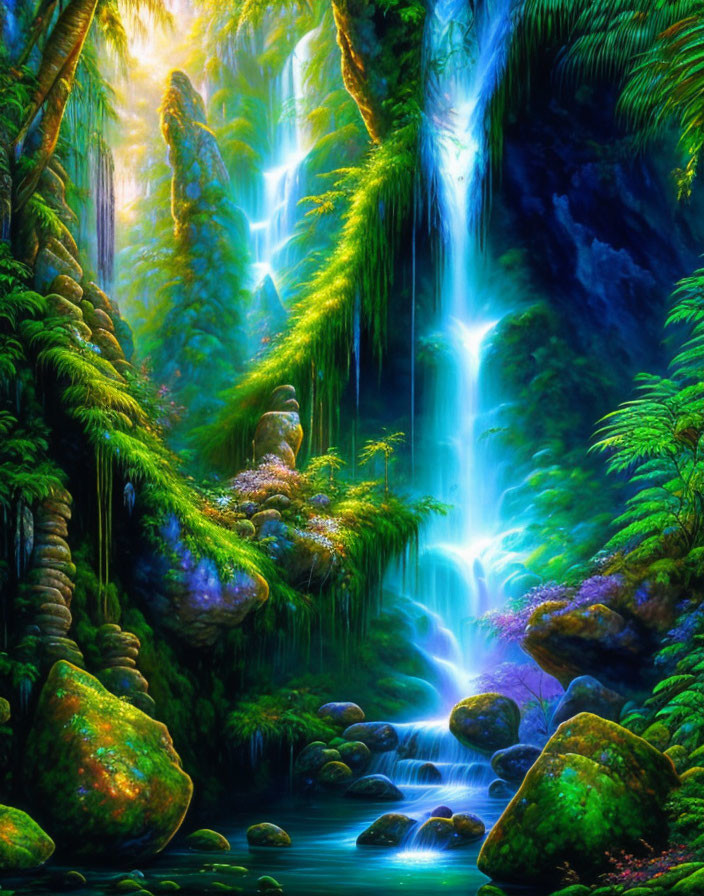 Vibrant magical waterfall in serene pond with lush greenery