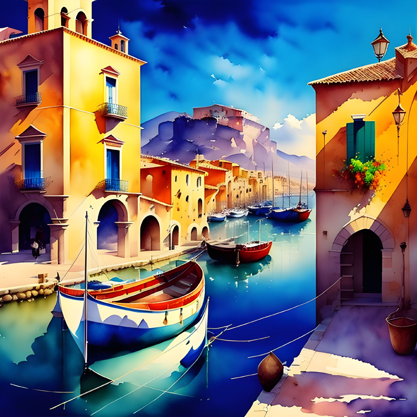 Colorful Mediterranean seaside village with boats, castle, and blue sky.