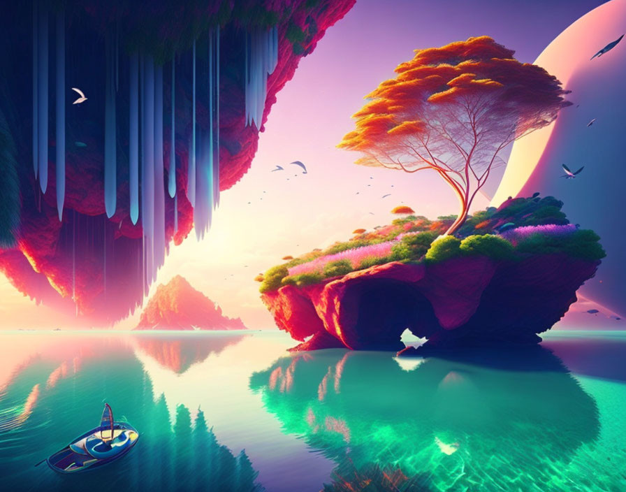 Vibrant surreal landscape with floating island and kayaker