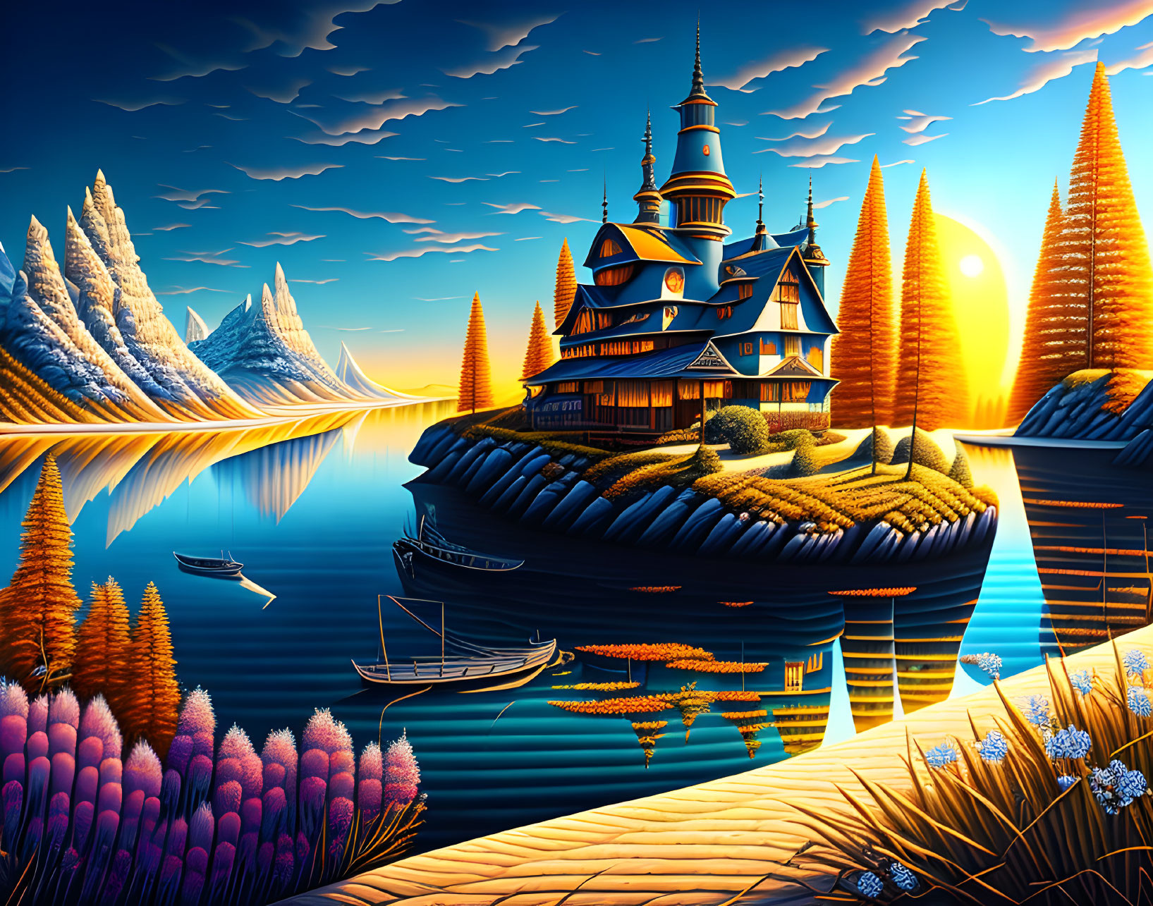 Colorful Whimsical Landscape with Multi-Tiered Castle on Island