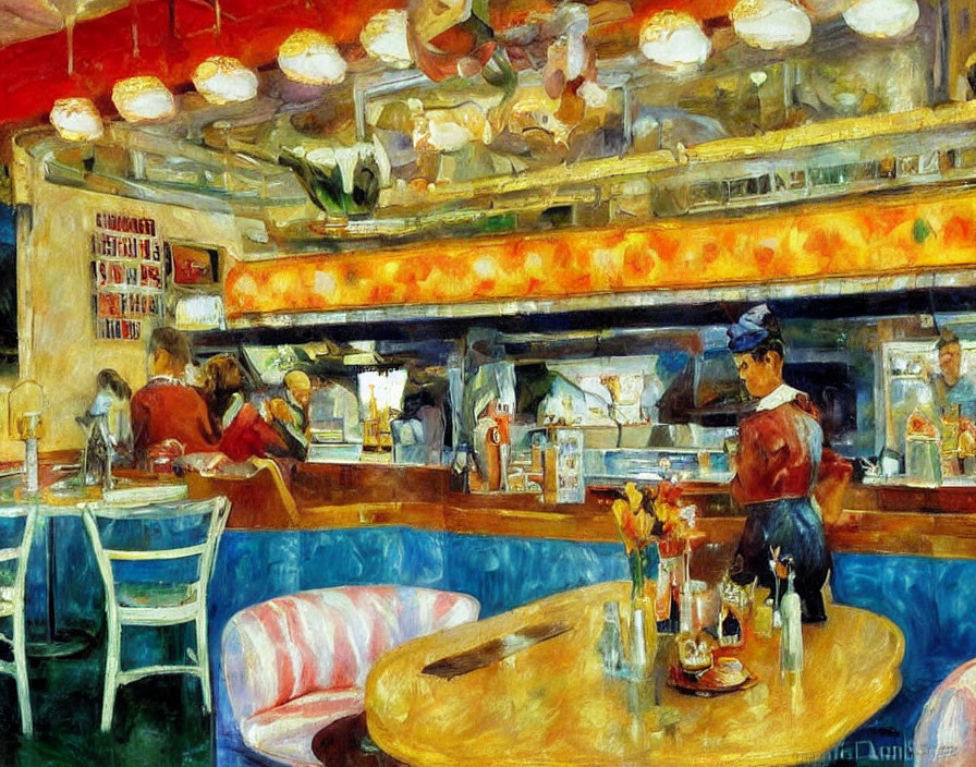 Colorful American diner painting with patrons and chef - vibrant decor