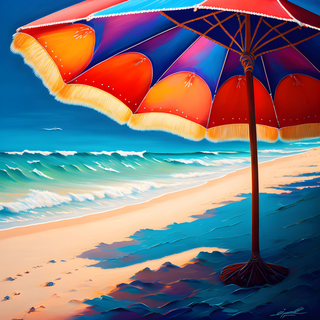 Colorful Beach Umbrella Painting on Sandy Shore with Waves and Blue Sky