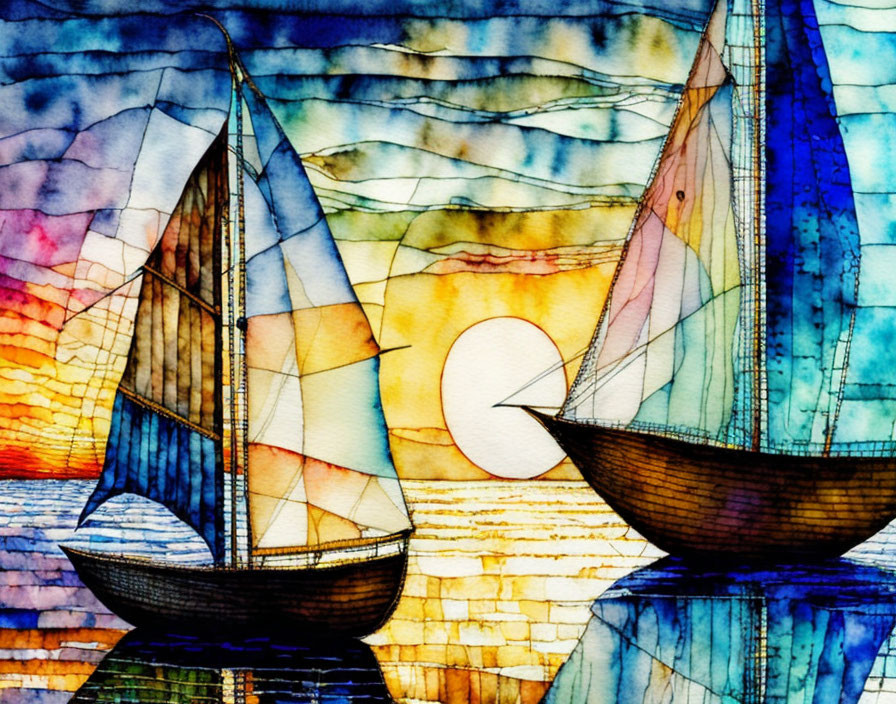 Colorful Watercolor Painting of Sailing Ships at Sunset