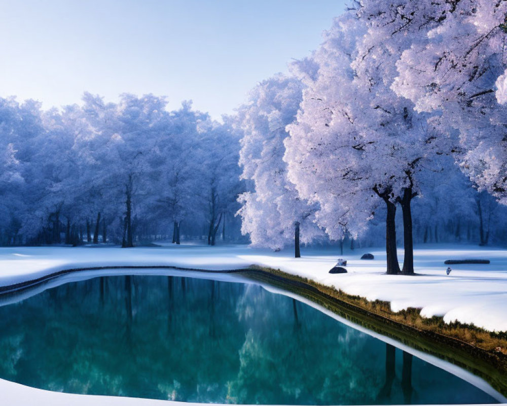 Snow-covered trees reflecting in icy blue lake in serene winter landscape