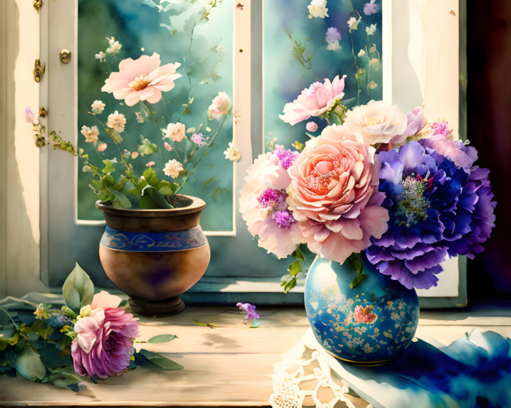 Colorful bouquet of flowers in blue vase by window with outdoor floral backdrop