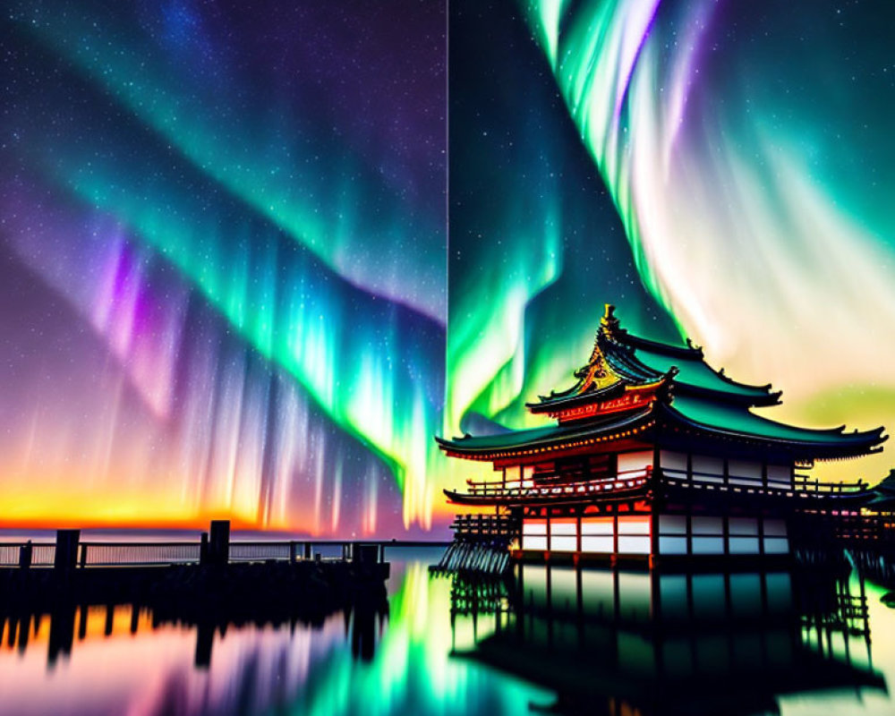 Northern Lights above pagoda-style building and water reflection.