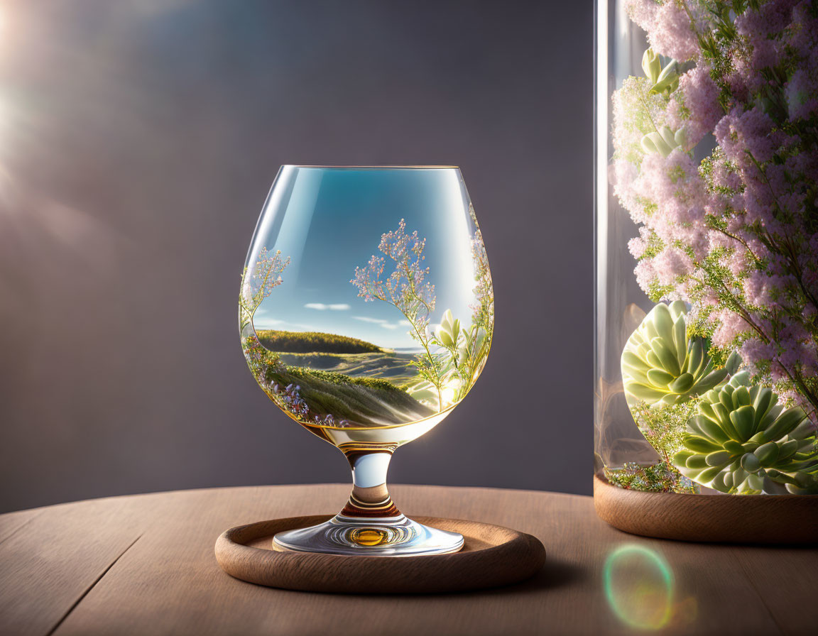 Tranquil landscape scene in clear glass with green field and pink flowers