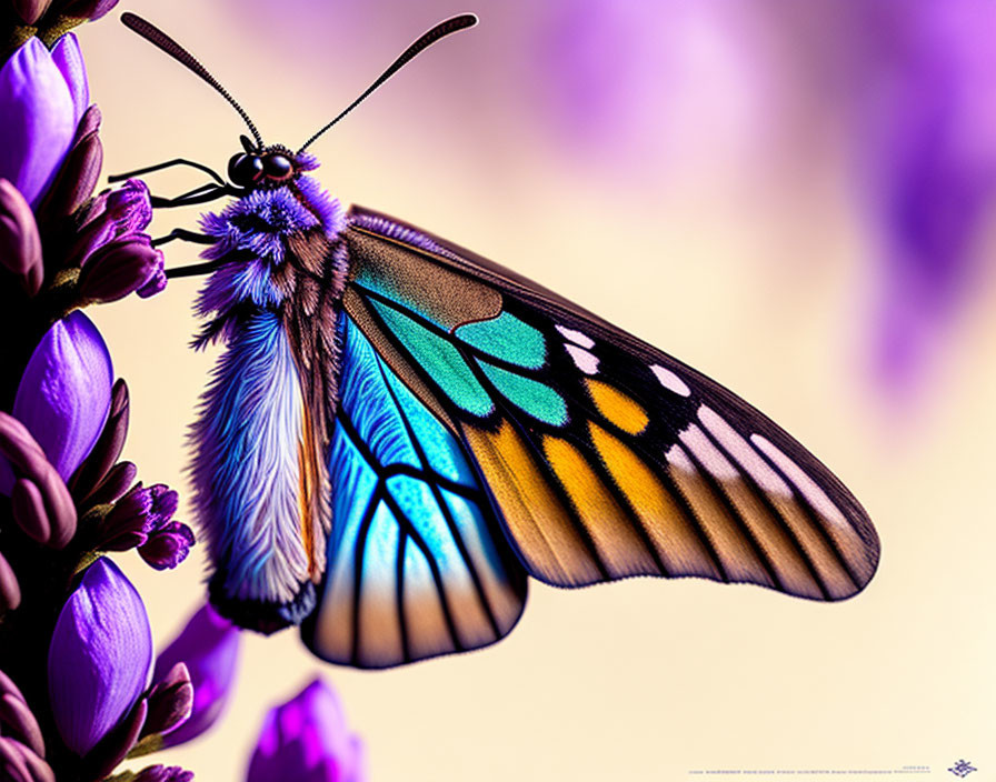 Colorful Butterfly with Yellow, Blue, and Black Wings on Purple Flowers