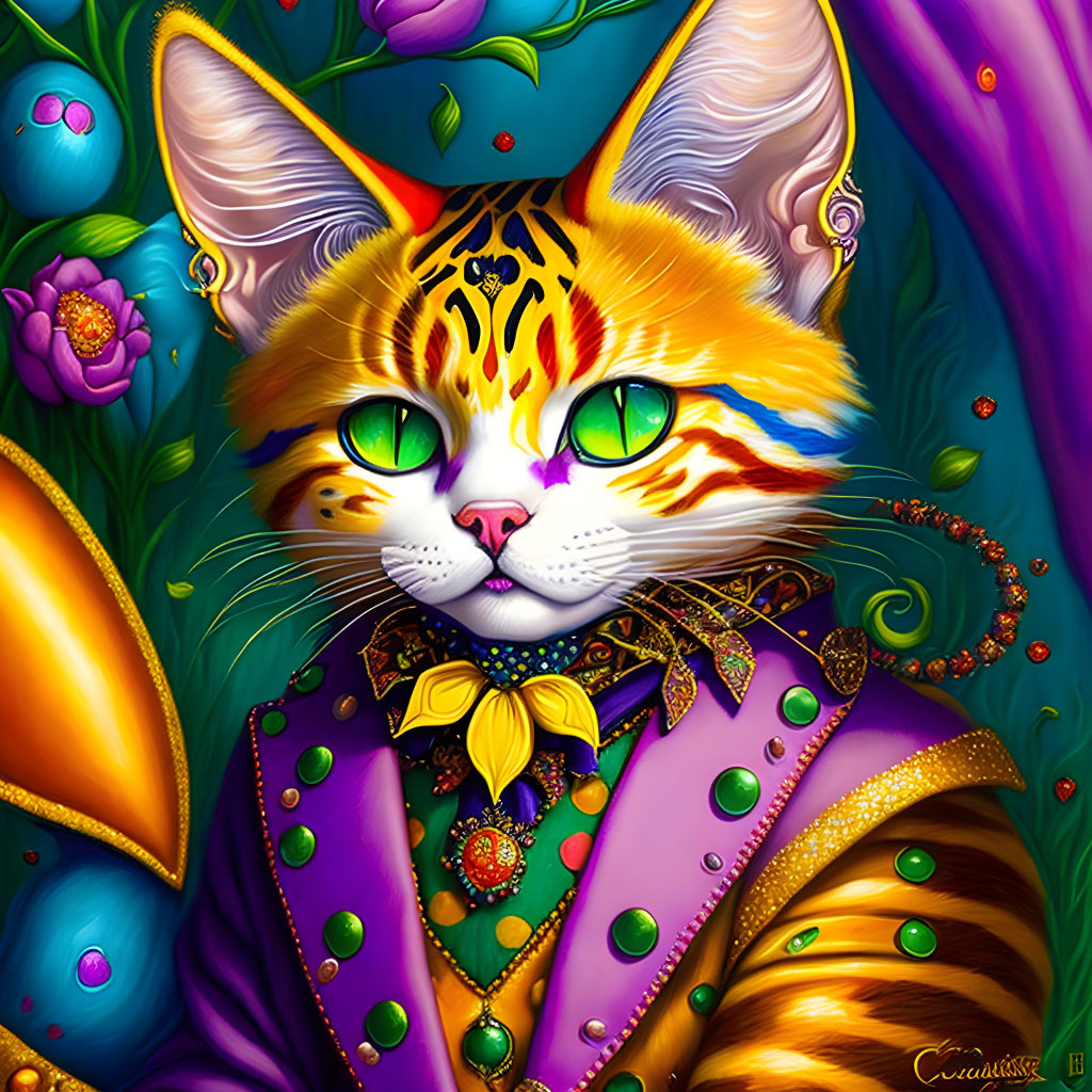 Colorful regal cat in purple jacket with yellow bowtie on floral background