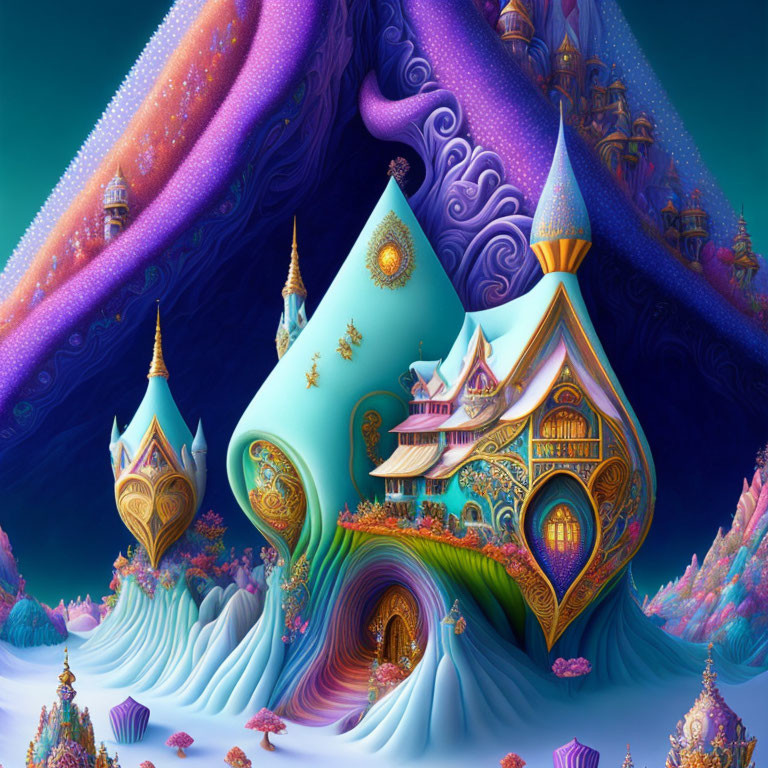 Whimsical, colorful fantasy landscape with gold-adorned structures and fantastical flora