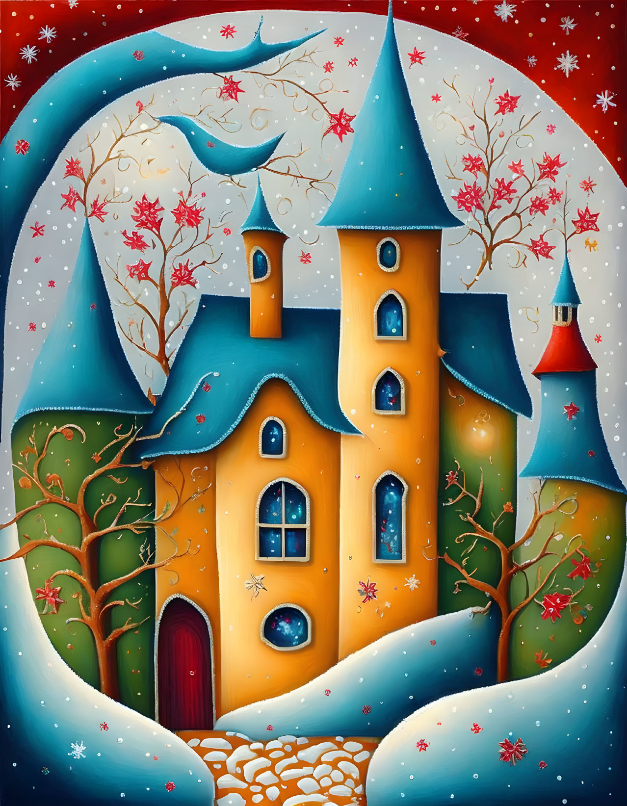 Vibrant yellow castle painting with snowy hills and swirling sky