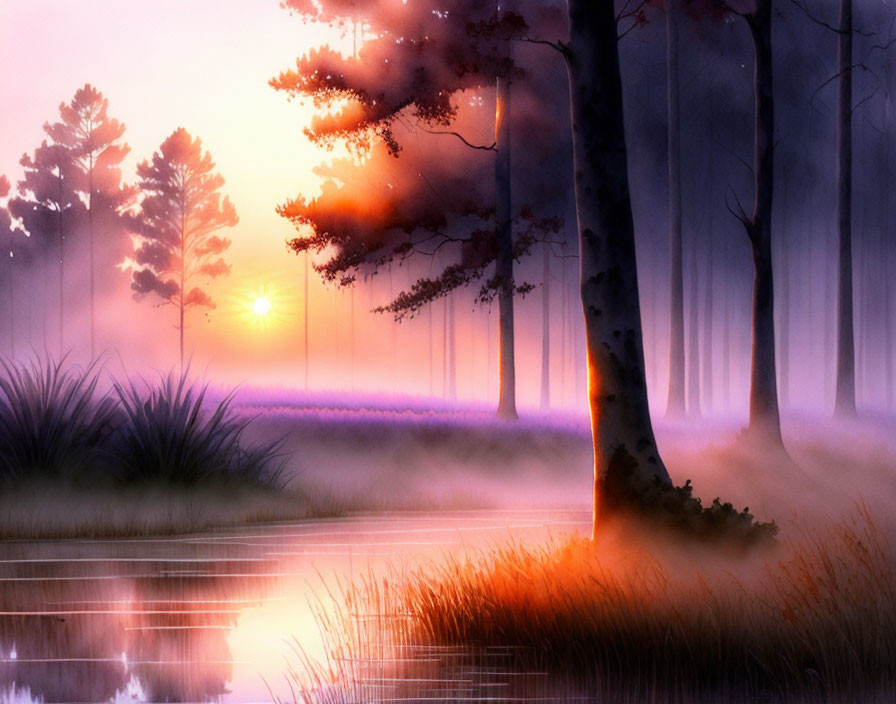 Tranquil sunset scene over misty forest and reflective water