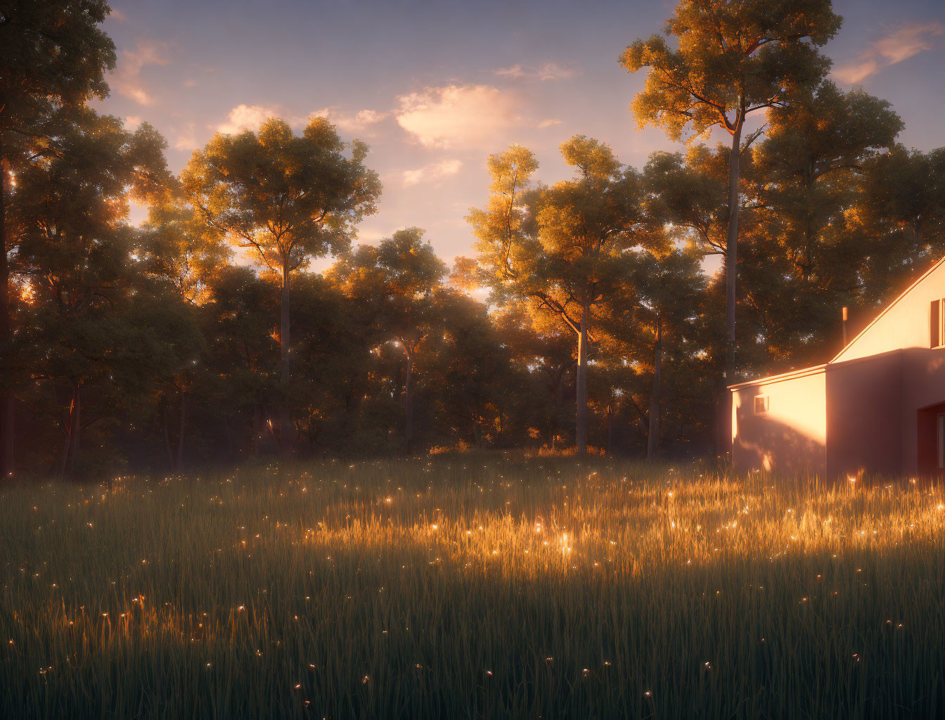 Sunlit grassy field near building with golden sunset glow