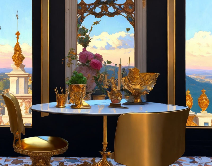 Luxurious Interior with Golden Chair and Sunset View