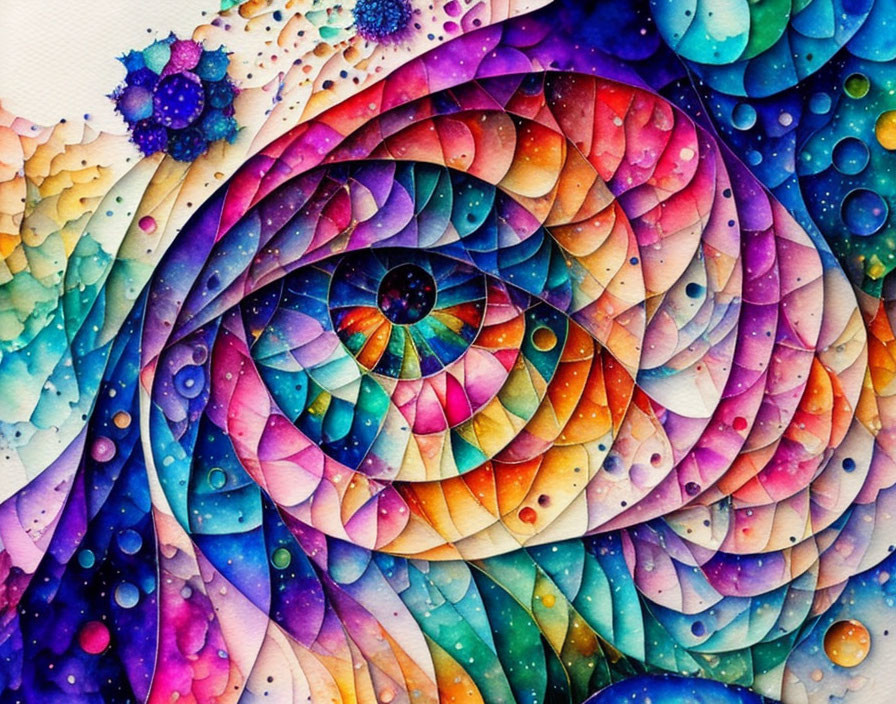 Colorful Watercolor Painting: Spiral Eye Pattern with Multicolored Scales