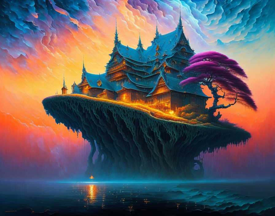 Fantastical floating island with ornate temple and pink tree in vibrant skies