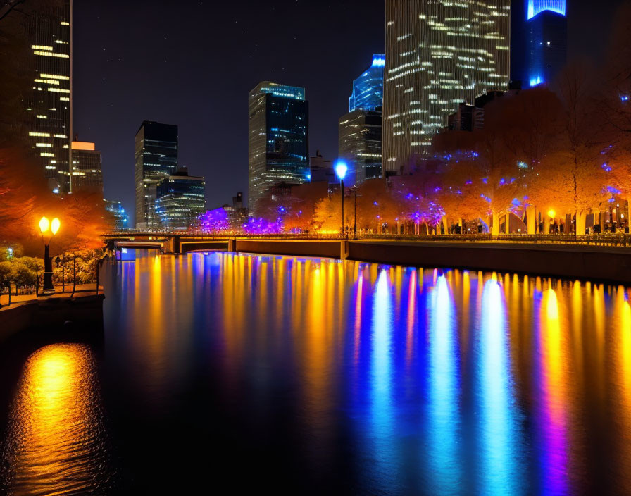 Night Cityscape: Illuminated Skyscrapers, River Reflections, Colorful Lights, Sil