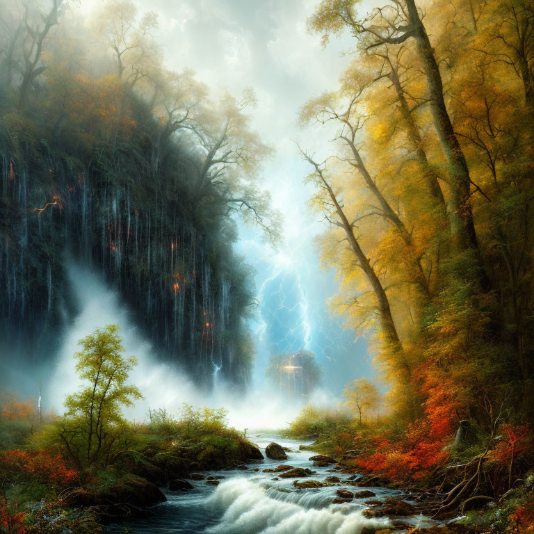 Mystical autumn forest with river, waterfalls, and lightning strike