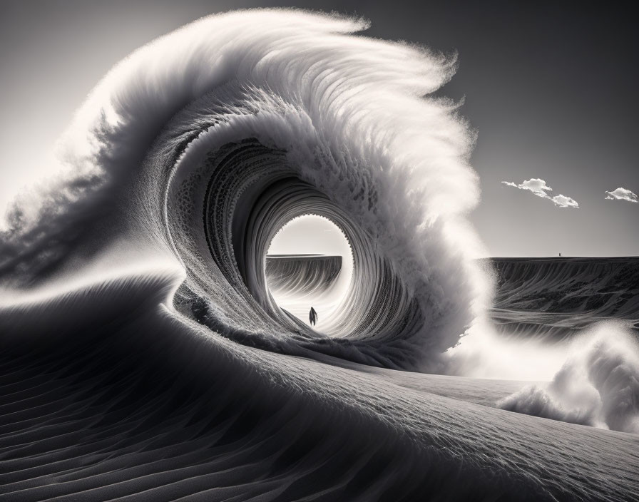 Monochrome surreal photo of person under wave sand formation