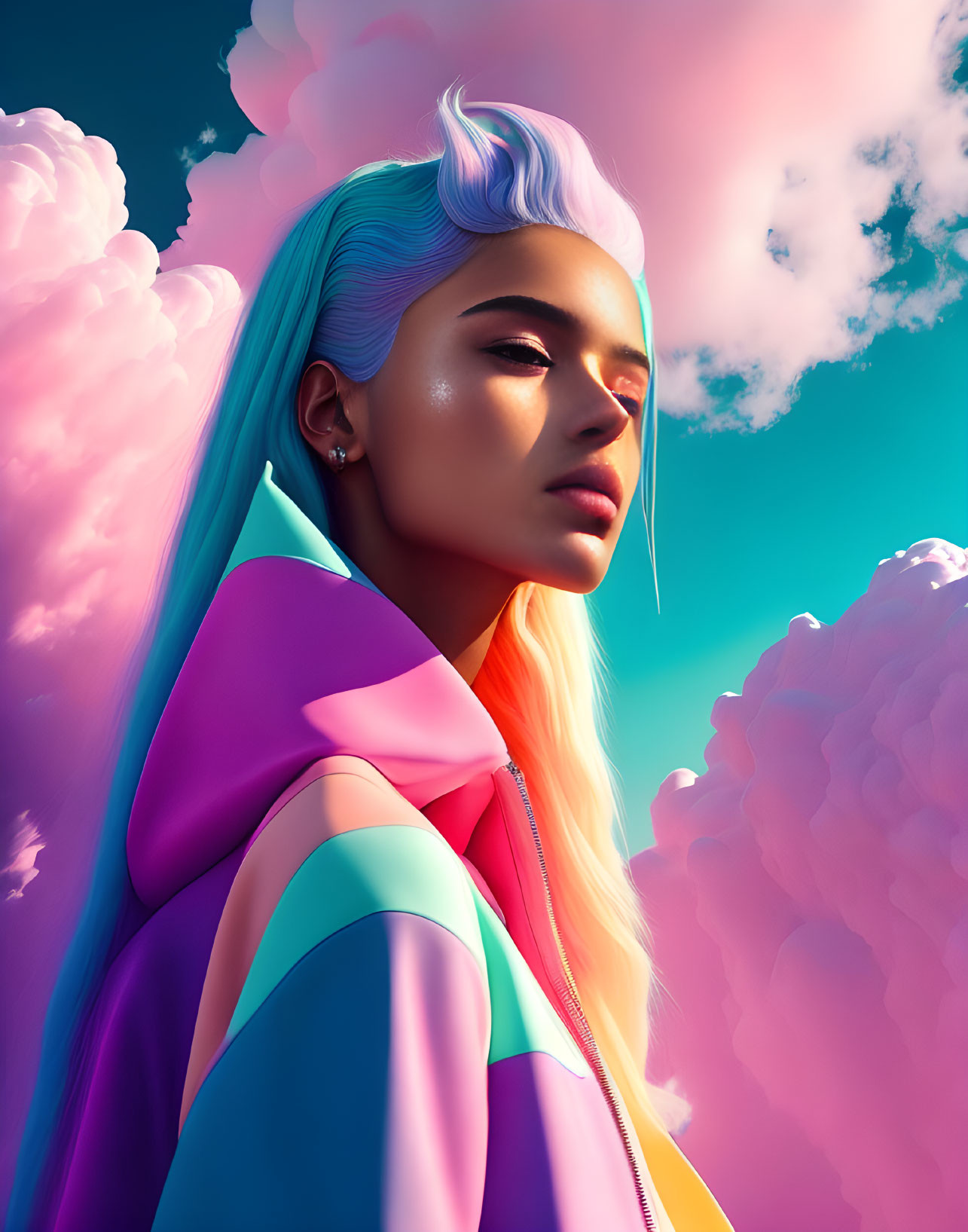 Blue-haired woman in colorful jacket against vibrant pink clouds and blue sky