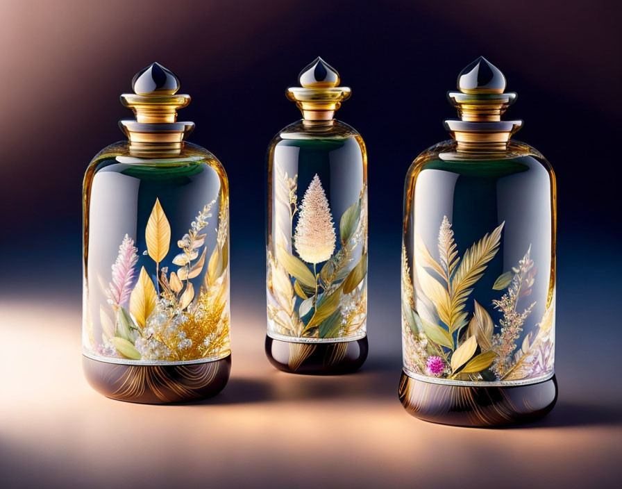 Elegant Perfume Bottles with Gold and Floral Designs