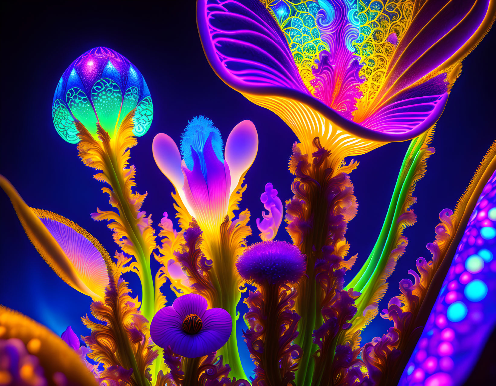 Colorful neon fantasy flora on dark backdrop with intricate patterns.