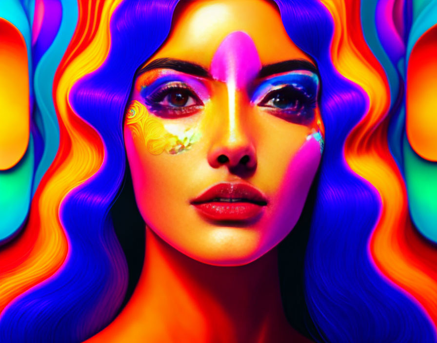 Vibrant neon makeup portrait with wavy hair in blue, orange, and purple on psychedelic background