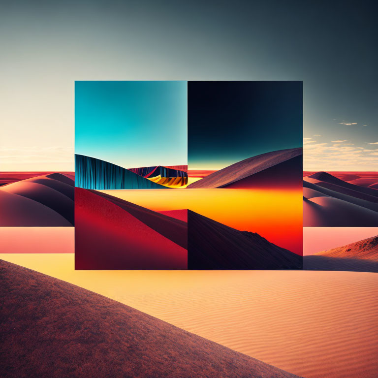 Fragmented surreal desert landscape with contrasting colors and patterns under gradient sunset sky