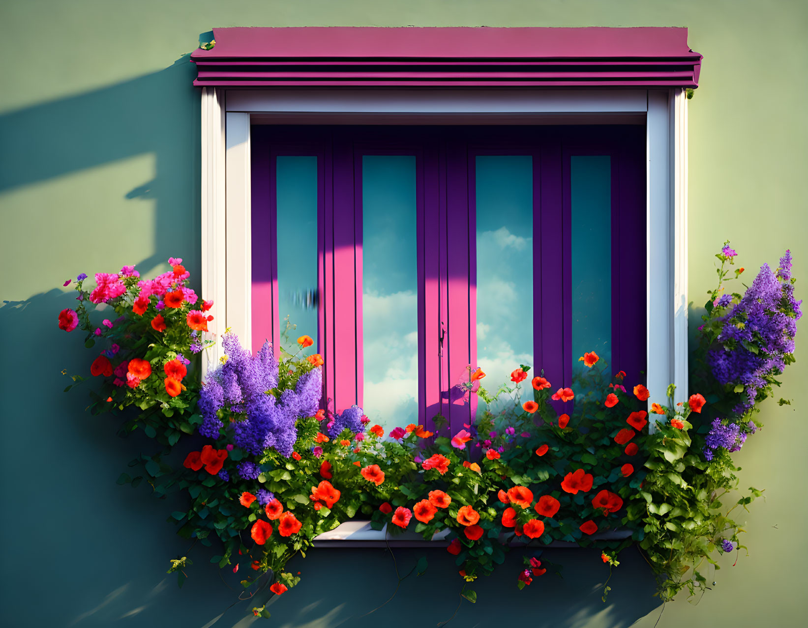 Vibrant purple drapes and colorful flowers in window box display