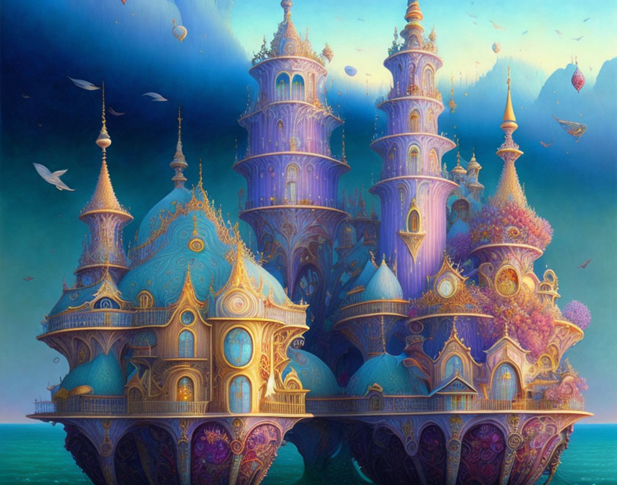 Vibrant, ornate castle with spires in surreal sky