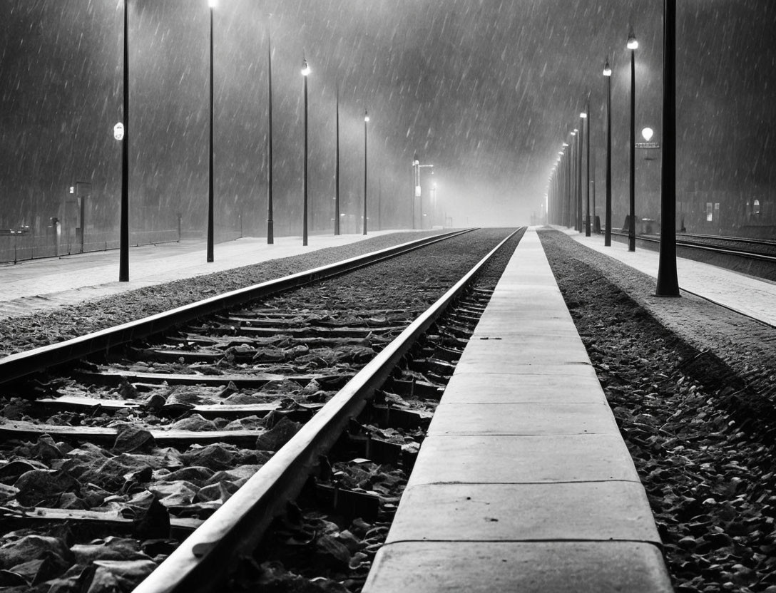 Monochrome railway tracks and platform in rain at night