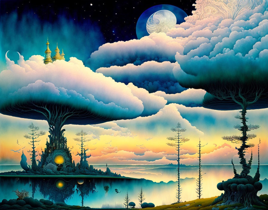 Surreal landscape with tree-like structures, reflective water, temples, and moon