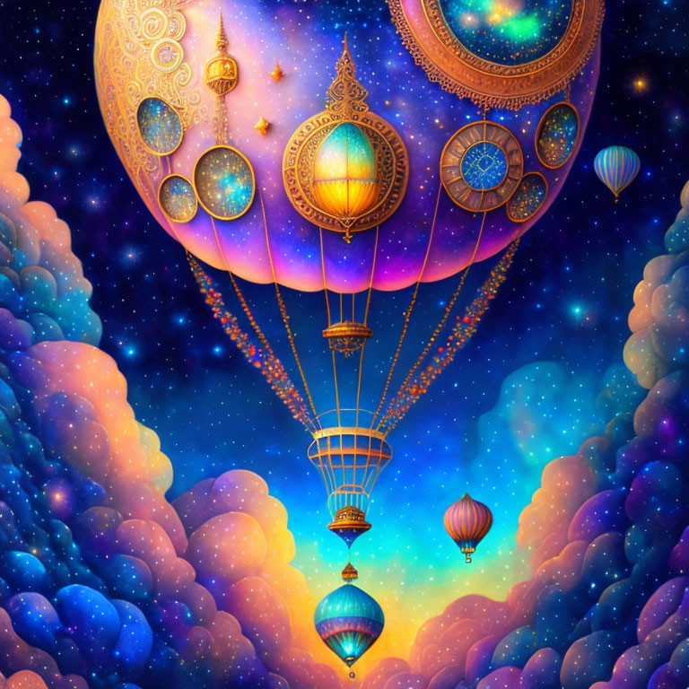 Colorful hot air balloons in fantasy sky scene