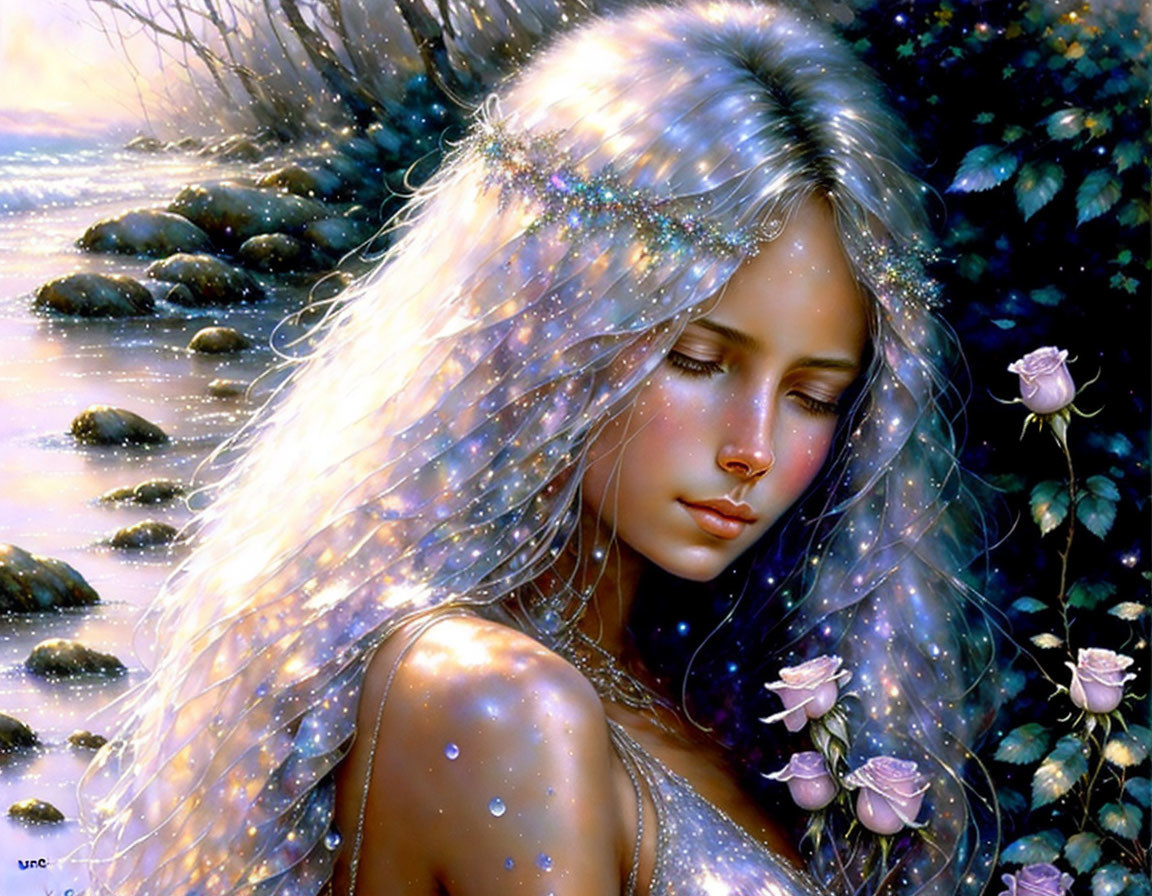 Fantasy Art: Woman with Sparkling Hair in Mystical Forest