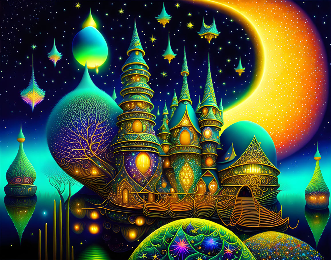 Fantastical landscape with luminous buildings under starry sky