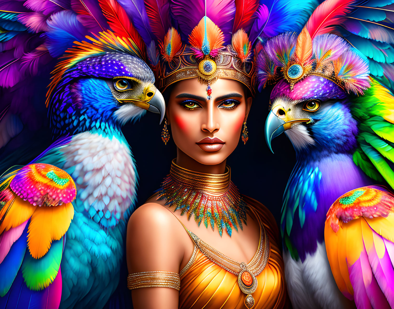 Colorful Digital Artwork: Woman with Exotic Bird-Inspired Headdress