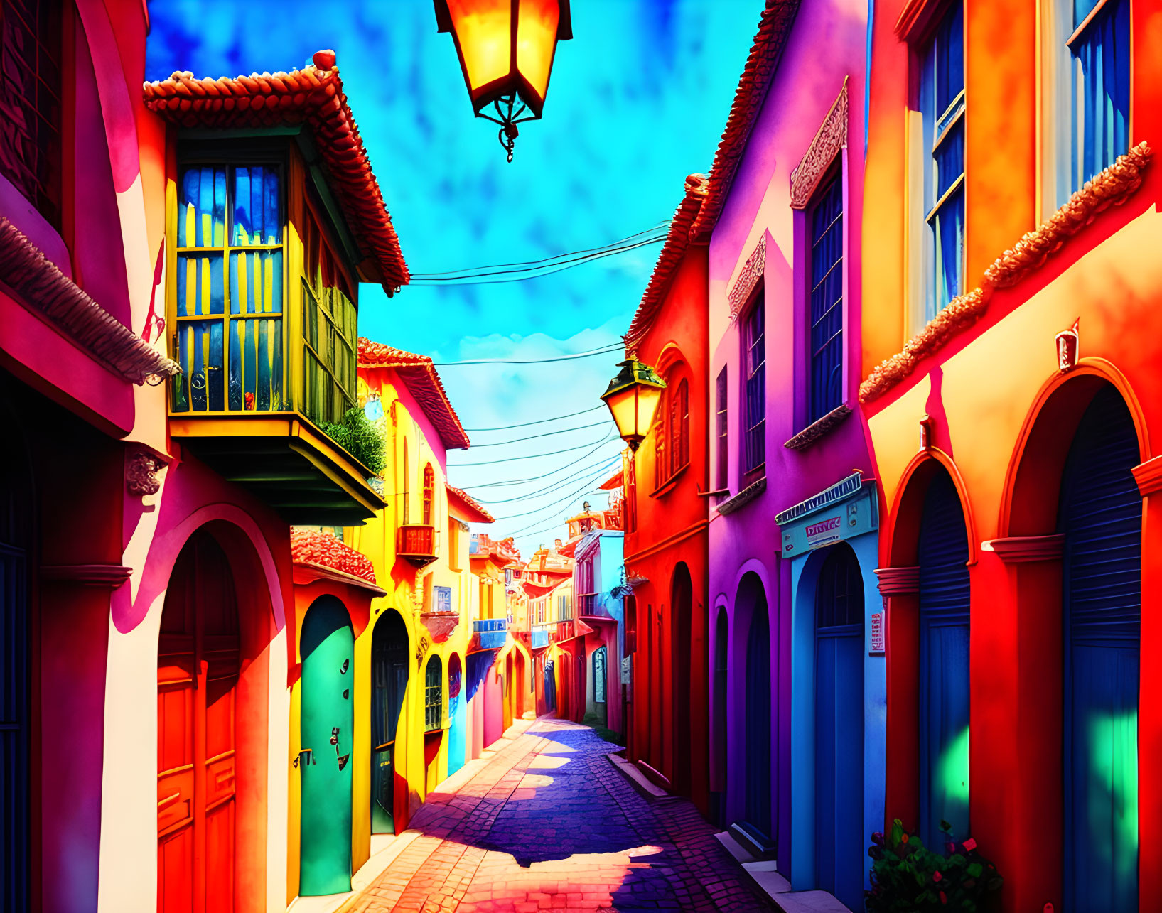 Vibrant street scene with colorful buildings and lanterns