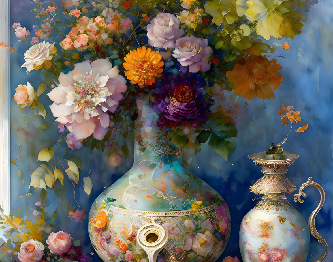 Vibrant painted flowers on ornate vase with metallic teapot against blue floral backdrop