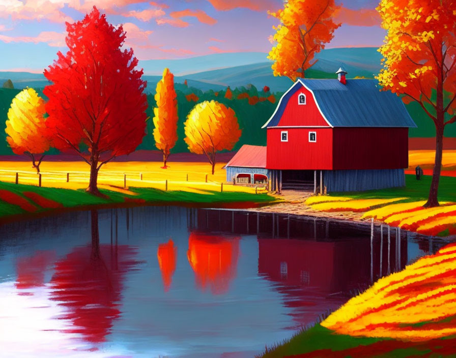 Scenic autumn landscape with red barn, pond, and colorful trees