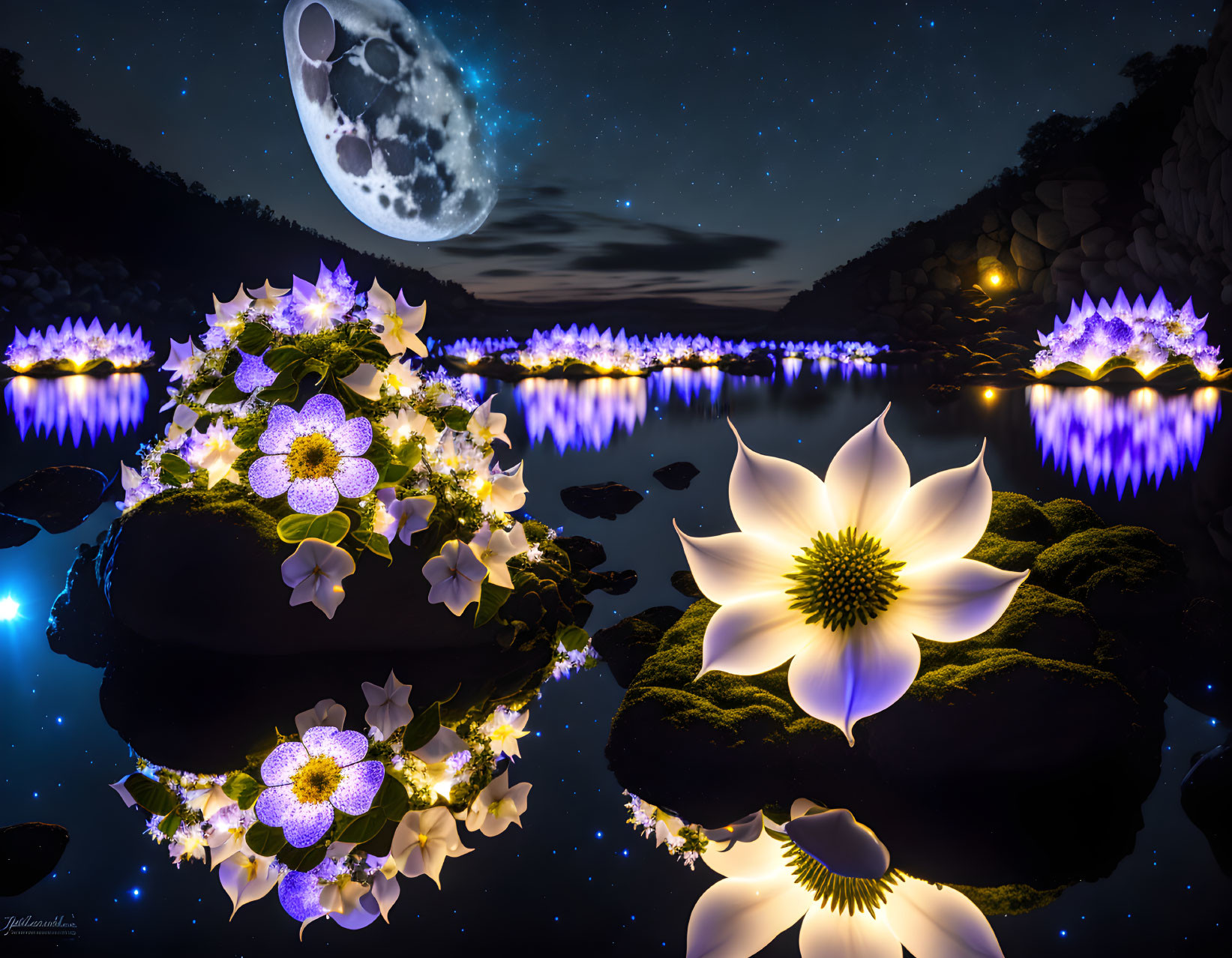 Surreal nightscape with glowing flowers on water-bound rocks