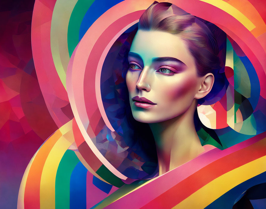 Vibrant digital portrait of woman with stylized makeup