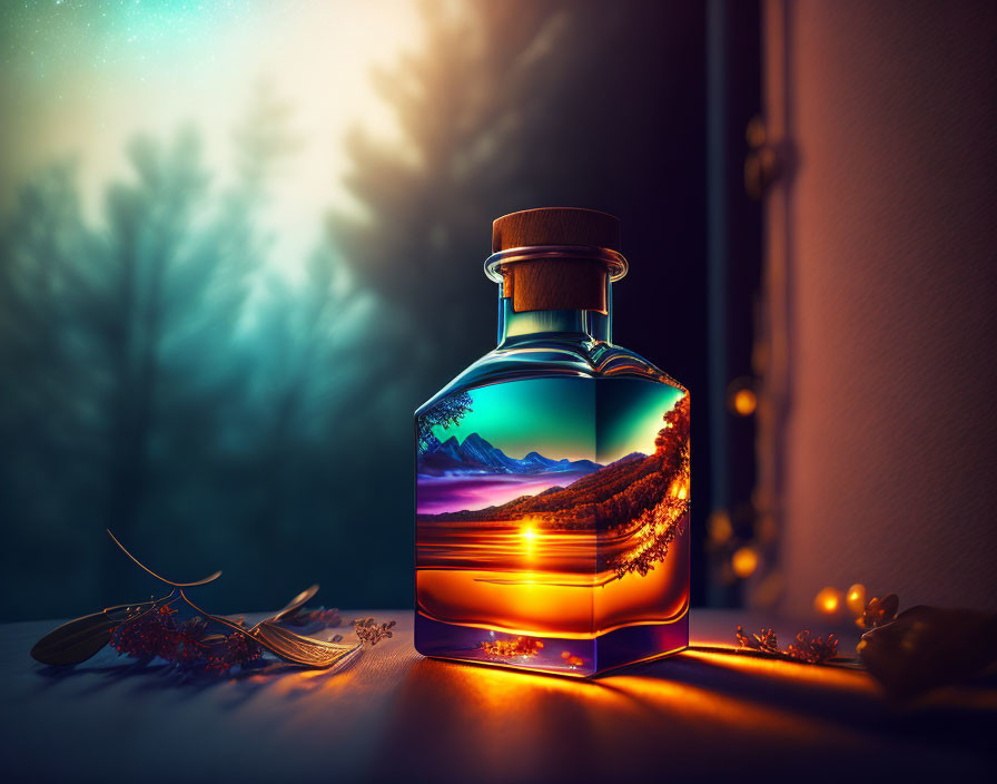 Luminous bottle featuring vibrant landscape scene and twilight sky.