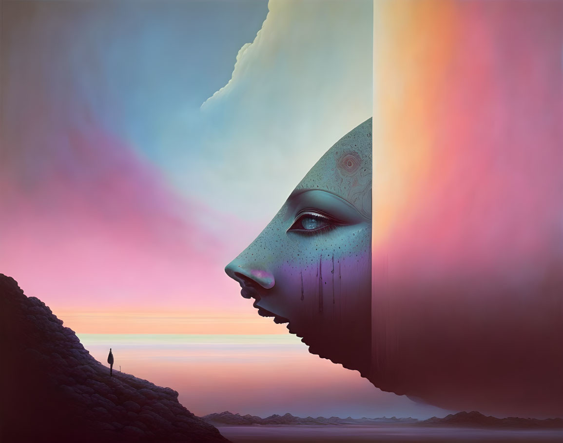 Surreal sunset with giant abstract face profile and lone figure by the sea