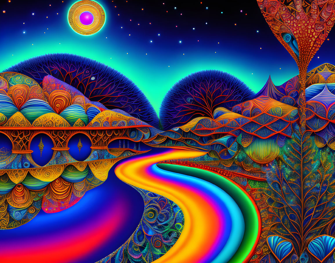 Colorful Psychedelic Digital Artwork with Nature Elements and Surreal Sky