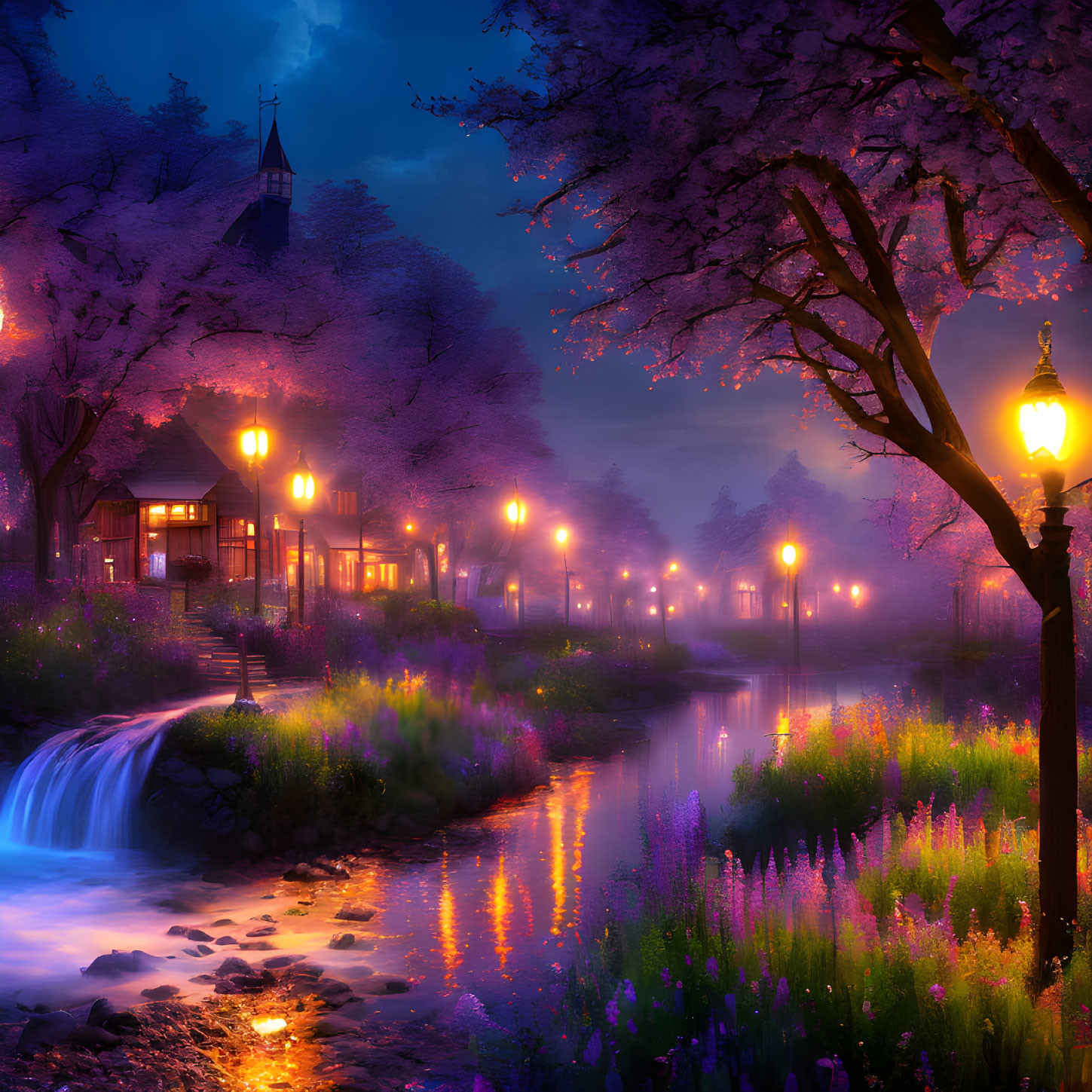 Cherry blossom twilight scene by stream and streetlights